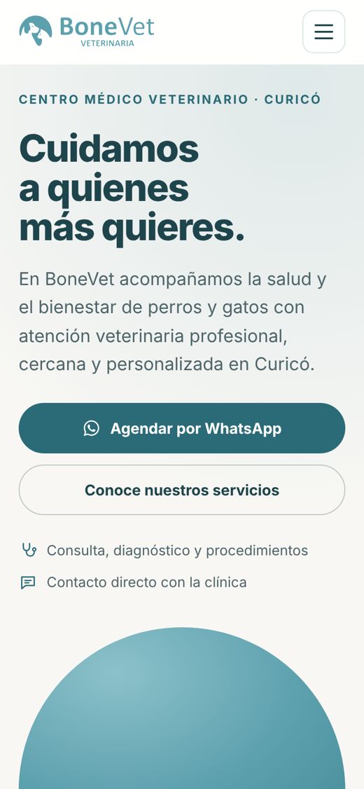 Portada de la página de BoneVet en un celular