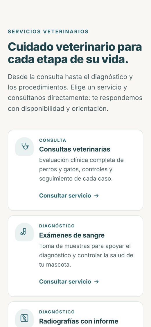 Servicios de BoneVet, cada uno con su botón de consulta